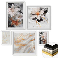 WANDBILDER 5er-Set - 50x50 cm & 20x30 cm & 40x60 cm Weißer Rahmen - Blumen Marmor weiß schwarz - Weiß, Kunststoff (40/60cm) - ArtPrintCave