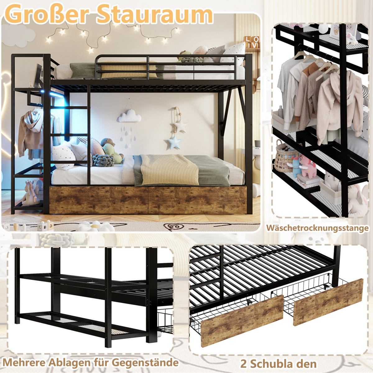 ETAGENBETT aus Metall und MDF 140x200 cm Schwarz mit LED-Lichtleiste, 2 Schubladen, Regalen und Kleiderstange - Schwarz, Metall (140/200cm) - Modfu