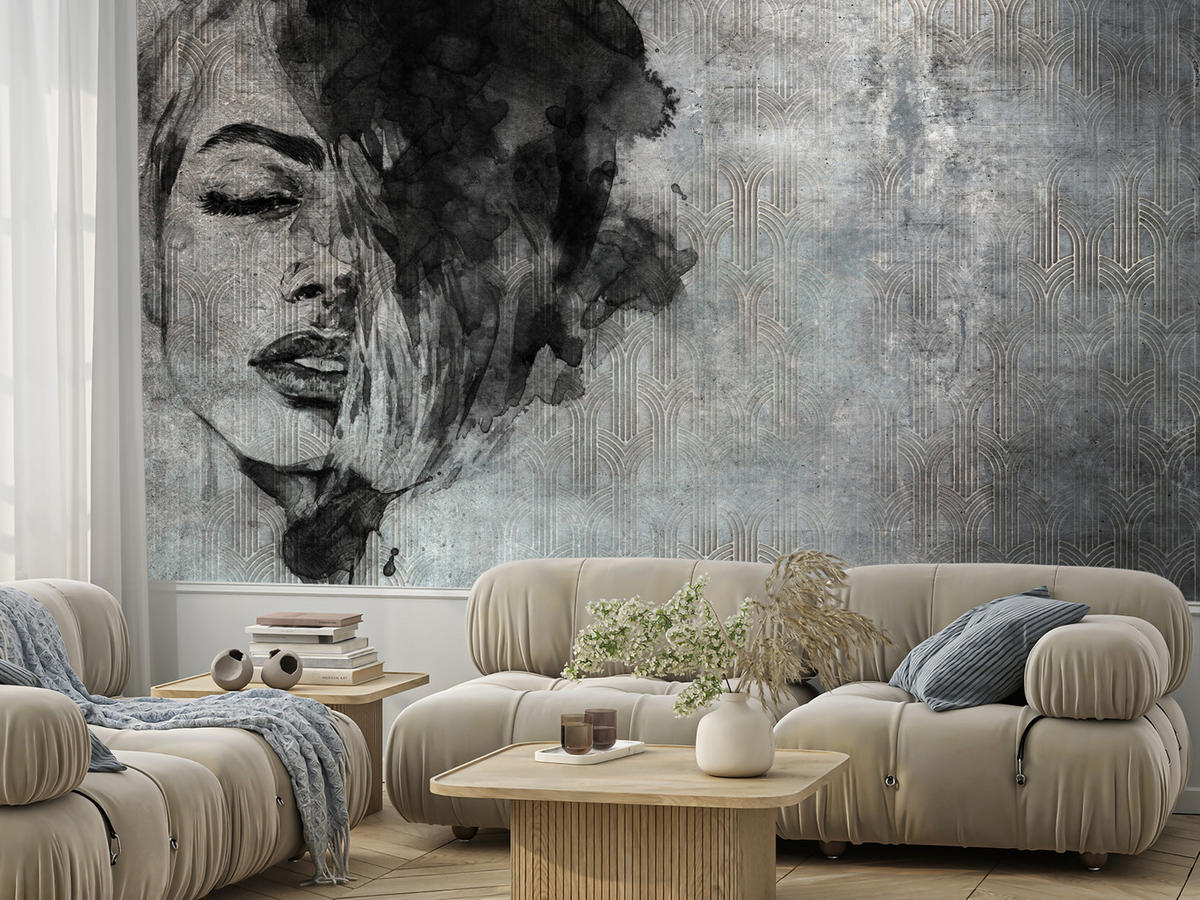 FOTOTAPETE für Wohnzimmer Abstrakte Frau Porträt Beton Ornament 150x105 - Grau, Papier (150/105cm) - Muralo