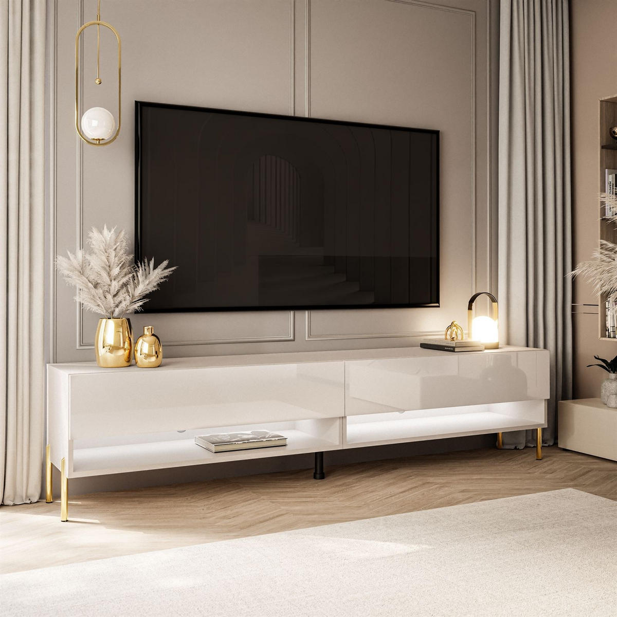 LOWBOARD TV-Schrank CALANTE 180 cm auf geraden goldenen Chrom-Beinen - Beige/Goldfarben, Holzwerkstoff/Metall (180/44/35cm) - Lookway