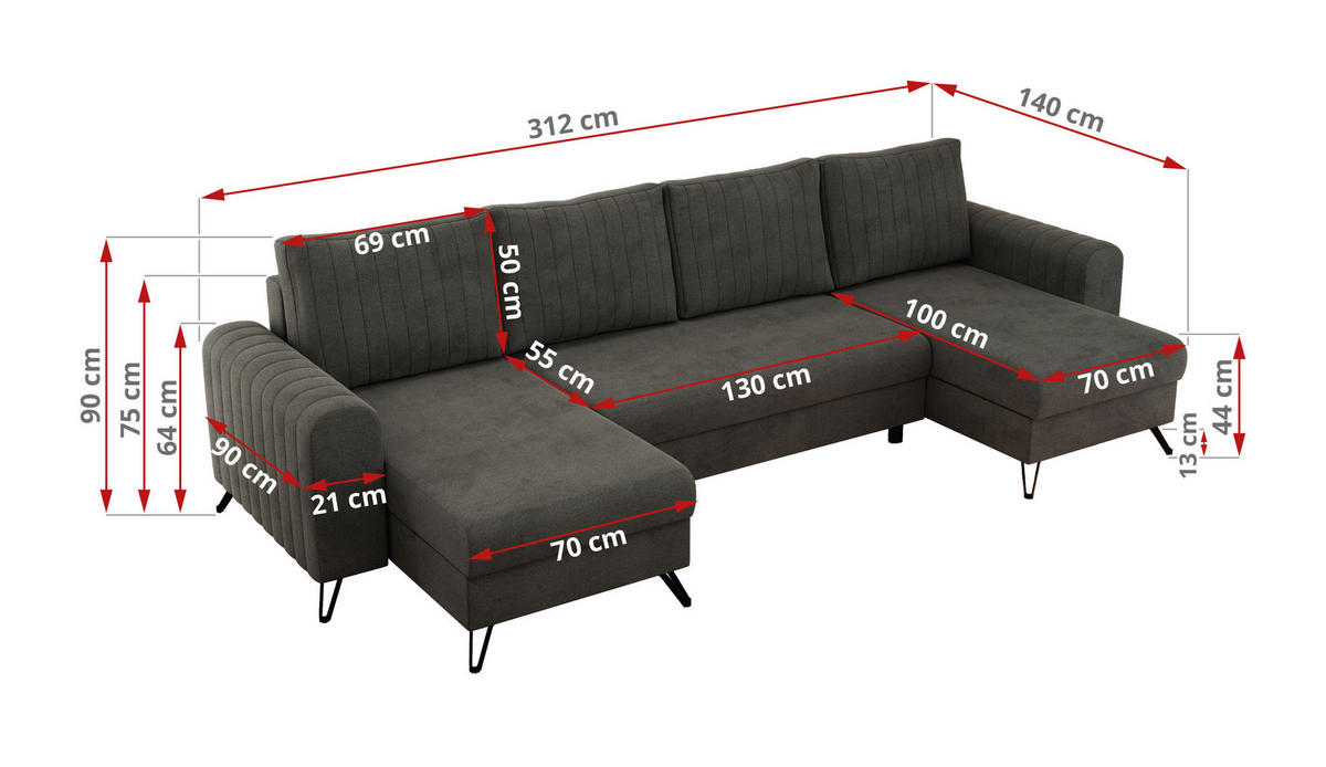 WOHNLANDSCHAFT AXEL U Velvet Dunkelgrau - Schwarz/Grau, Textil/Metall (312/90/140cm) - MKS