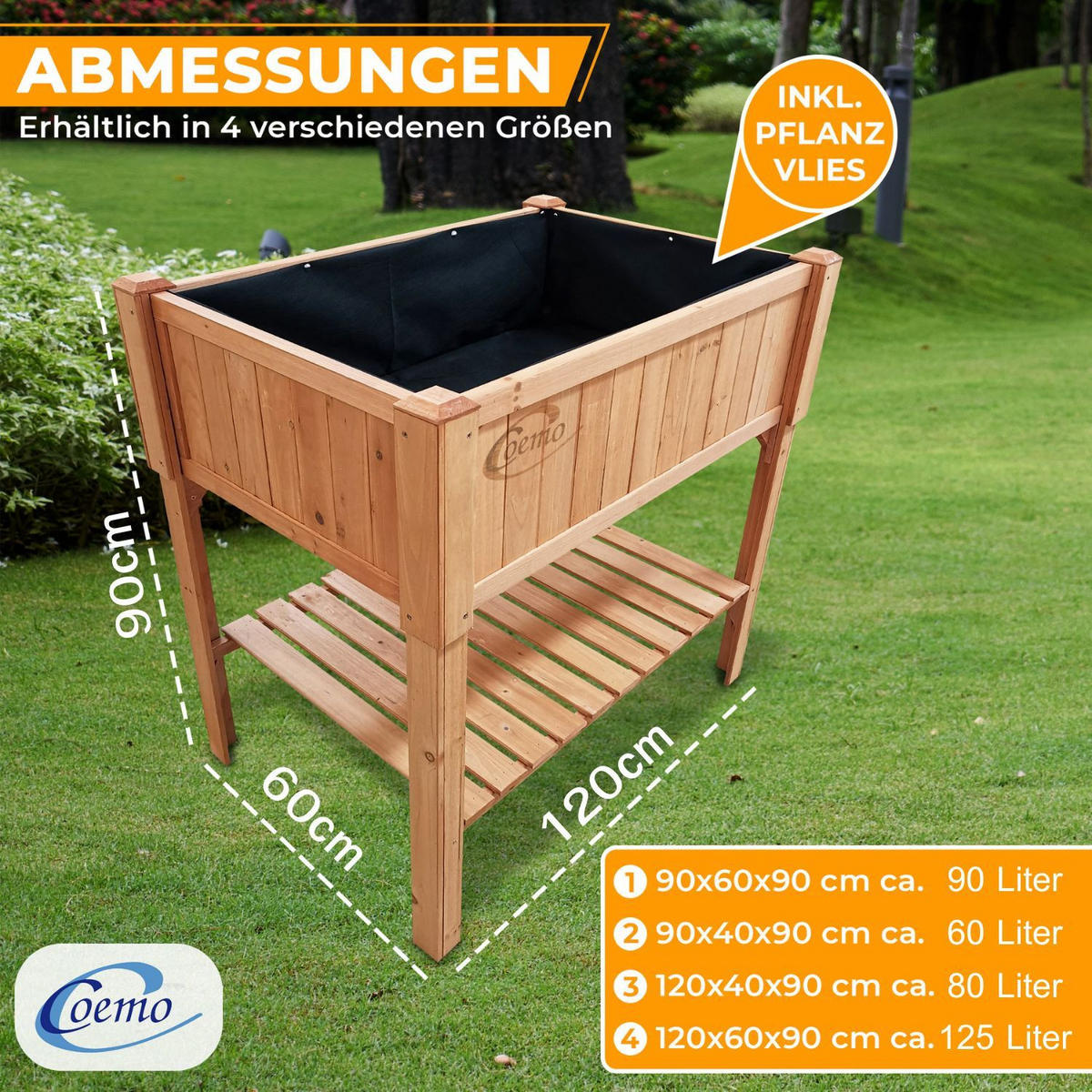 HOCHBEET mit Ablage Holz 120/60/90 cm - Naturfarben, Holz (60/90/120cm) - Coemo