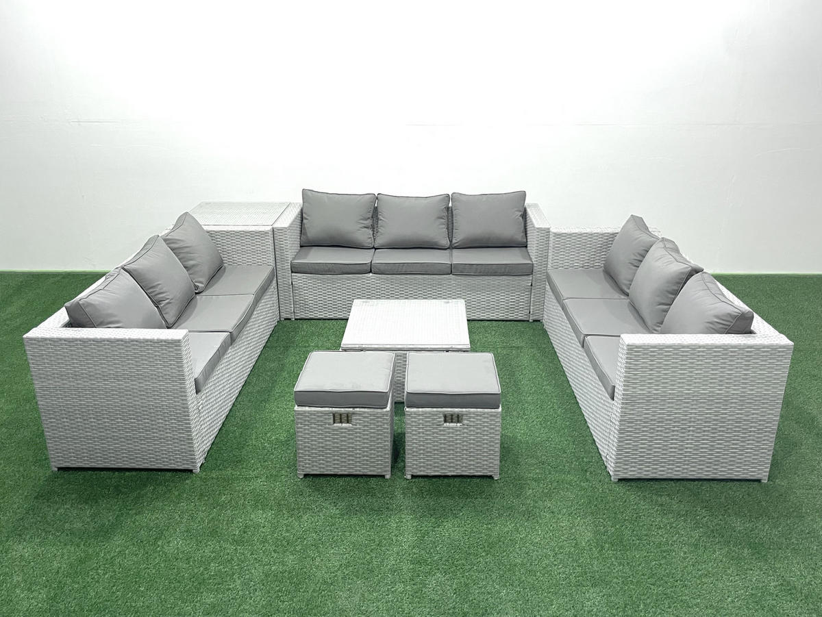 GARTENMÖBELSET mit 3-SITZER SOFA,COUCHTISCH Polyrattan Hellgrau-Mix 11-Sitzer - Hellgrau/Grau, Glas/Kunststoff - Fimous