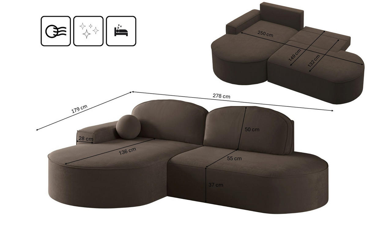 ECKSOFA mit Schlaffunktion und Bettkasten Modena Runden stoff Salvador Dunkelbraun Links - Dunkelbraun, Holz/Textil (179/278cm) - Kaiser Möbel