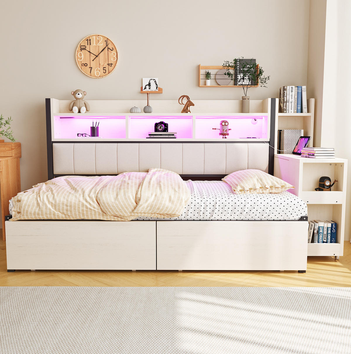 MULTIFUNKTIONSBETT aus Metall und Holz 90x200 cm Weiß/Holzfarbe mit Schreibtisch, Steckdosen, LED und viel Stauraum - Weiß, Metall (90/200cm) - Modfu