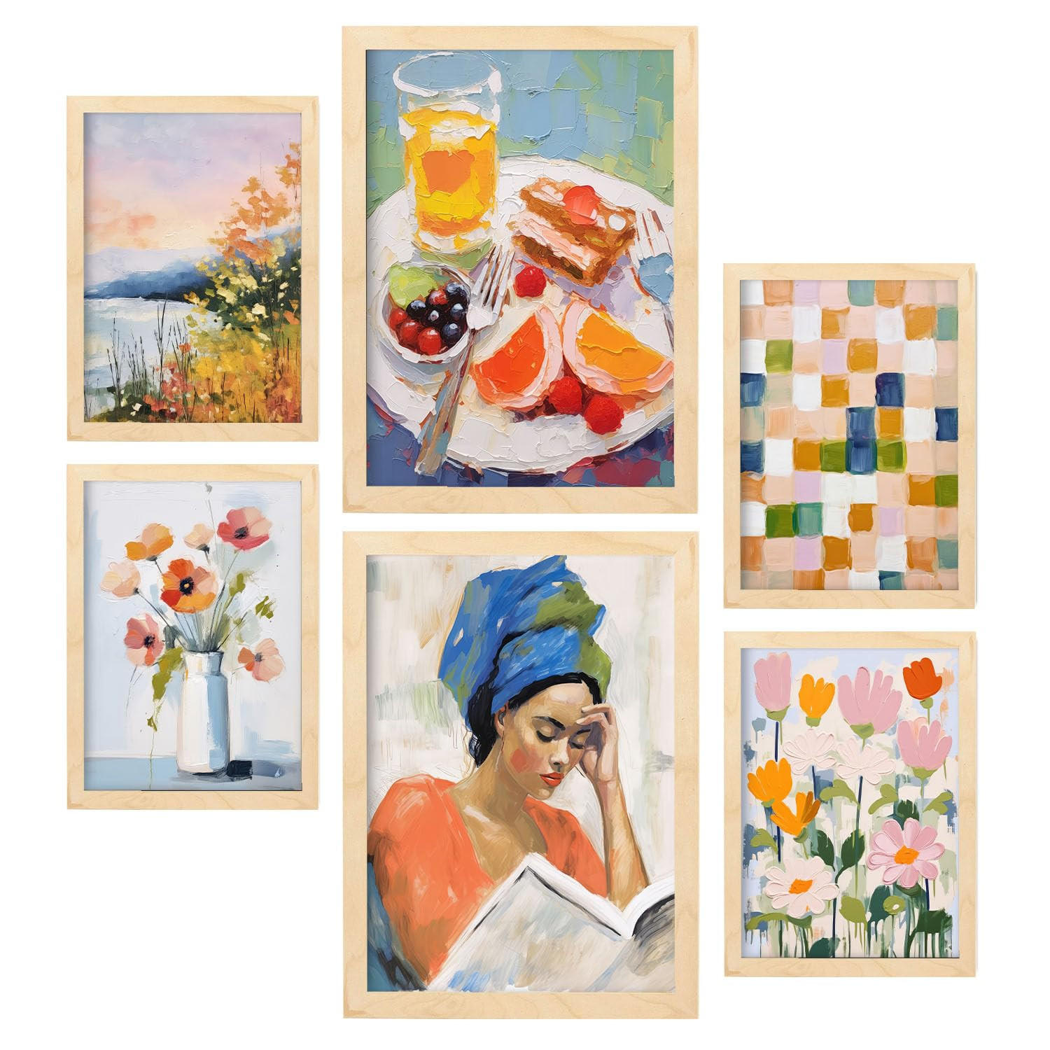 POSTER Set Mit 6 Frühstück Lesen A3 & A4 Rahmen Aus Hellem Holz - Beige, Papier (29/3/42cm) - Nacnic