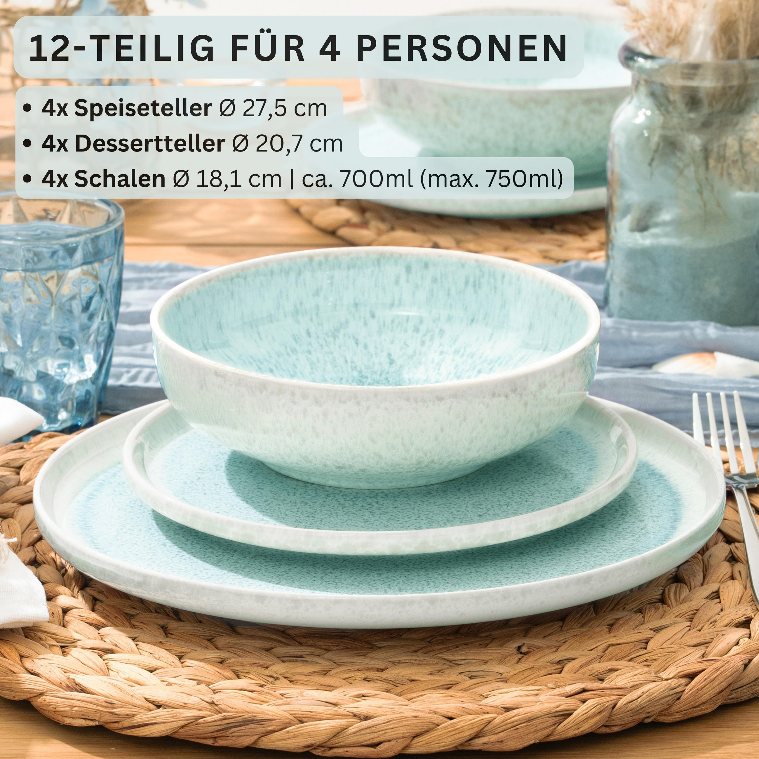 TAFELSERVICE PAROS - 12 teilig aus Steingut - Türkis, Stein (27.5/5/27.5cm) - Sänger