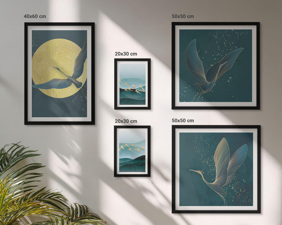WANDBILDER 5er-Set - 50x50 cm & 20x30 cm & 40x60 cm Schwarzer Rahmen - Abstrakte Landschaften von Vogelwellen - Schwarz, Kunststoff (40/60cm) - ArtPrintCave
