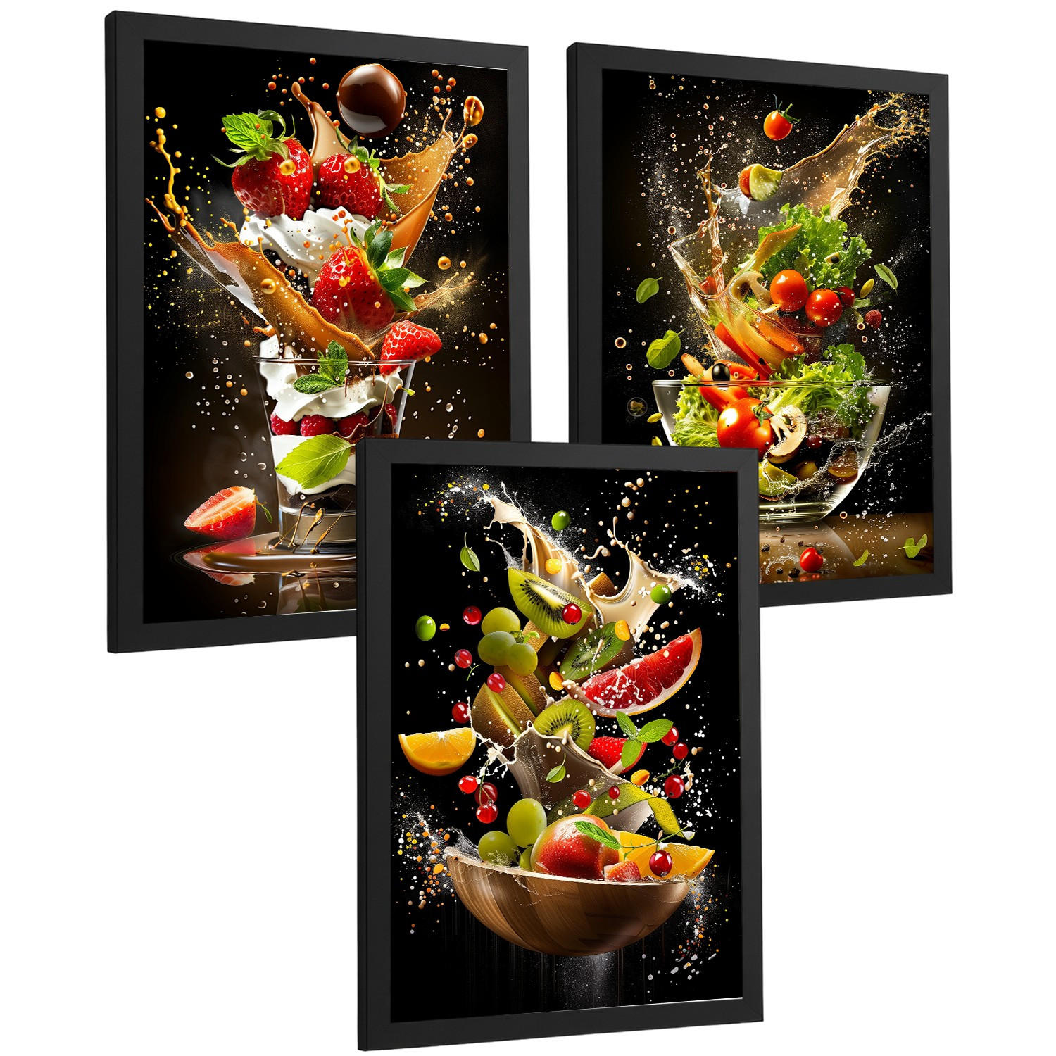 POSTER 3er Set Küchen-Wandbilder Dessert Salat und Obst Splash Fotografie Schwarzer Hintergrund Esszimmer Schwarzer Rahmen A4 - Schwarz, Papier (29.7/1/21cm) - Nacnic