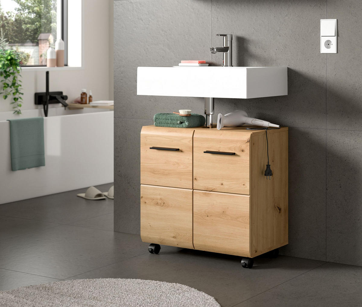 WASCHBECKENUNTERSCHRANK auf Rollen ICE (B/H/T: ca. 60/58/30 cm) in Artisan Oak Nachbildung/Artisan Oak Nachbildung - Eiche Artisan, Holzwerkstoff (60/58/30cm)