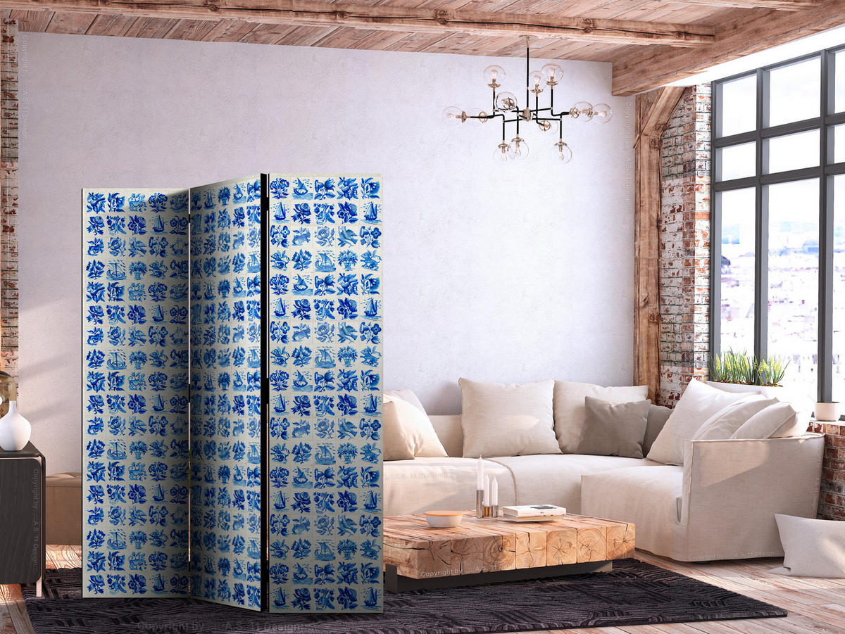 PARAVENT Einseitig Bedruckter 3-tlg 135x172 cm blaue Pflanzen - Blau, Holz/Textil (135/172/3cm) - Muralo