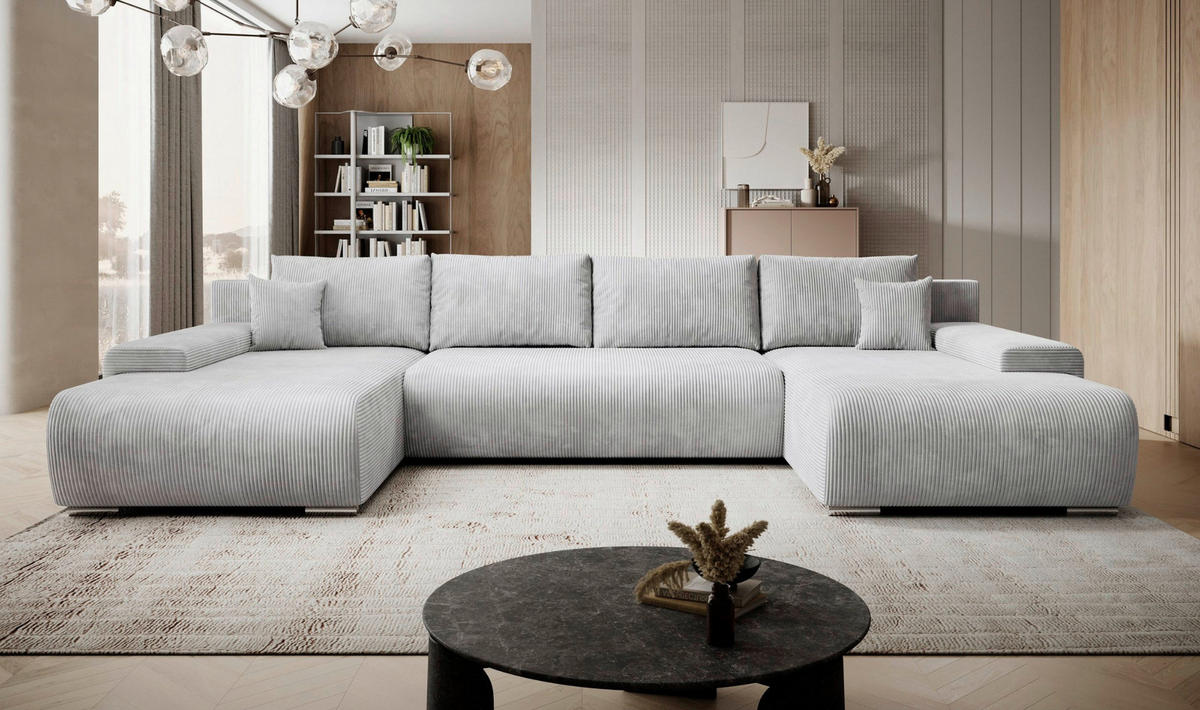ECKSOFA Credo mit Schlaffunktion und Bettkasten, Couch U-Form, 348x81x185 cm, Hellgrau - Hellgrau, Holz (348/170cm) - PROMETO Möbel