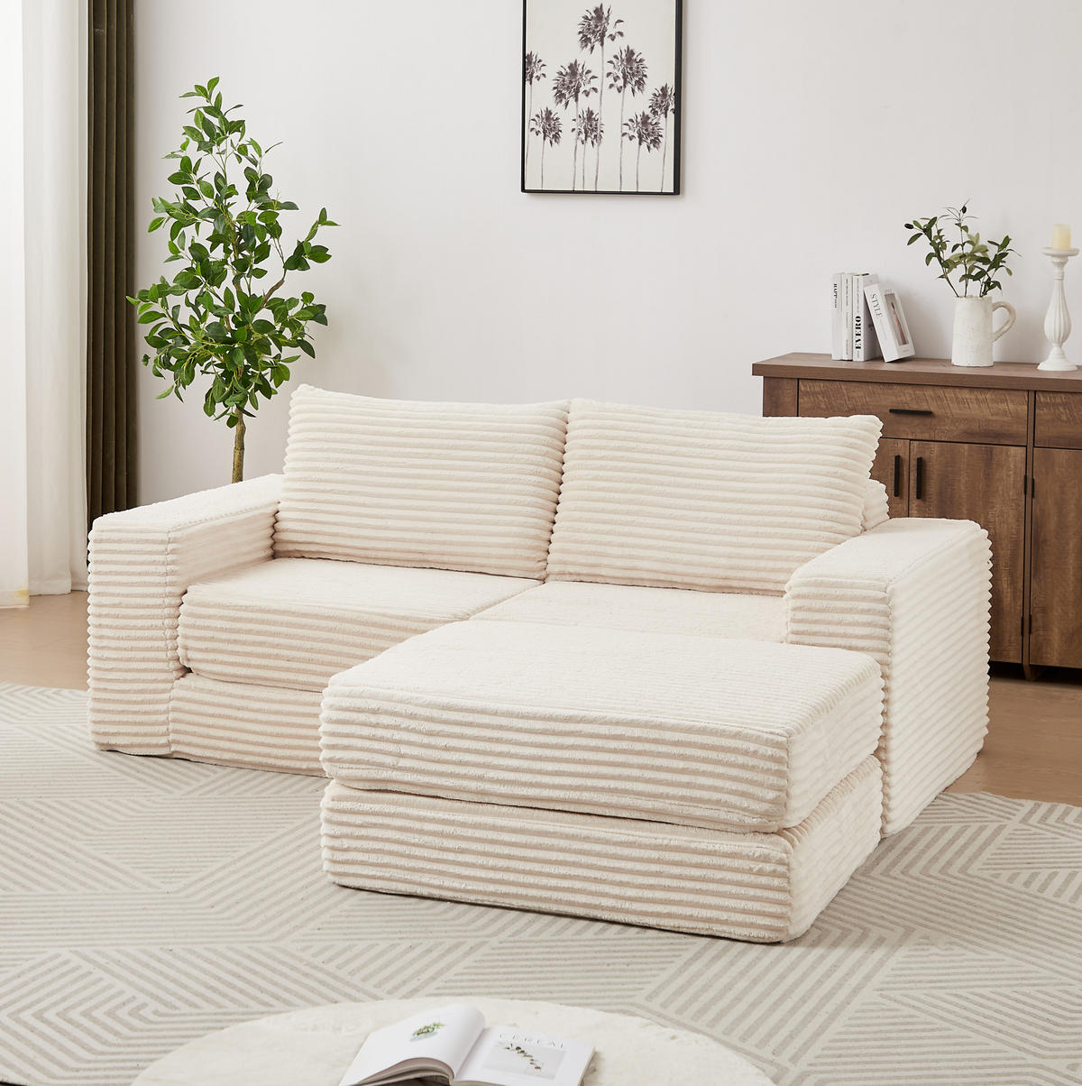 SOFA-BETT modular mit beweglicher Fußstütze Cord Beige - Beige, Kunststoff (169.5/194cm) - Meubliv