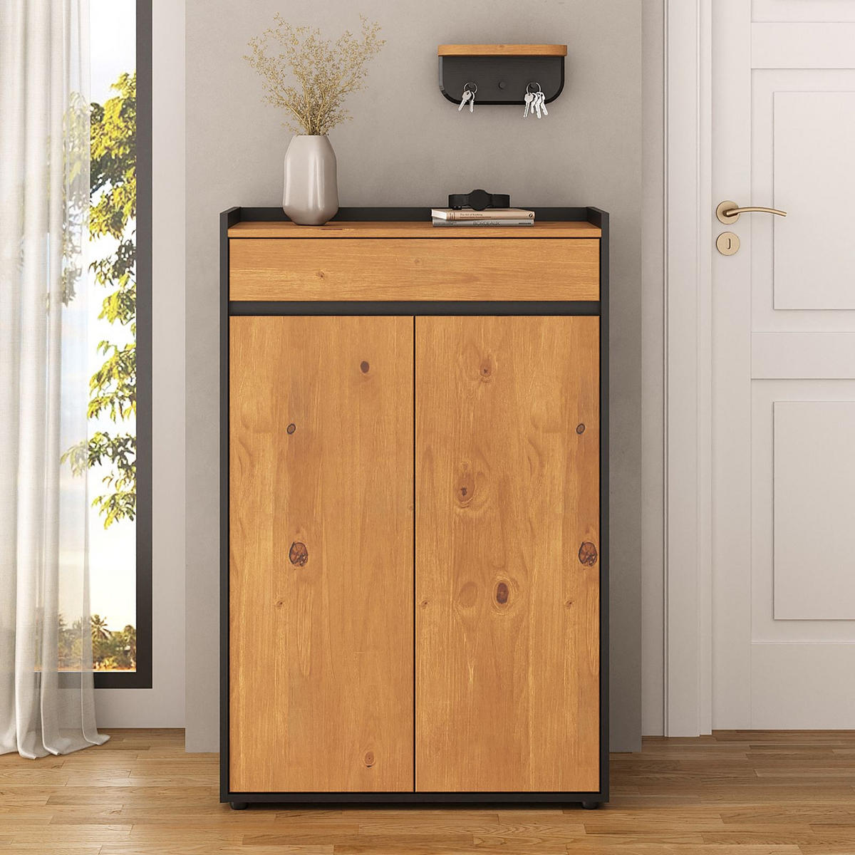 SCHUHSCHRANK TILO schwarz/Eiche - Eichefarben/Schwarz, Holz (74/114/35cm) - IDIMEX