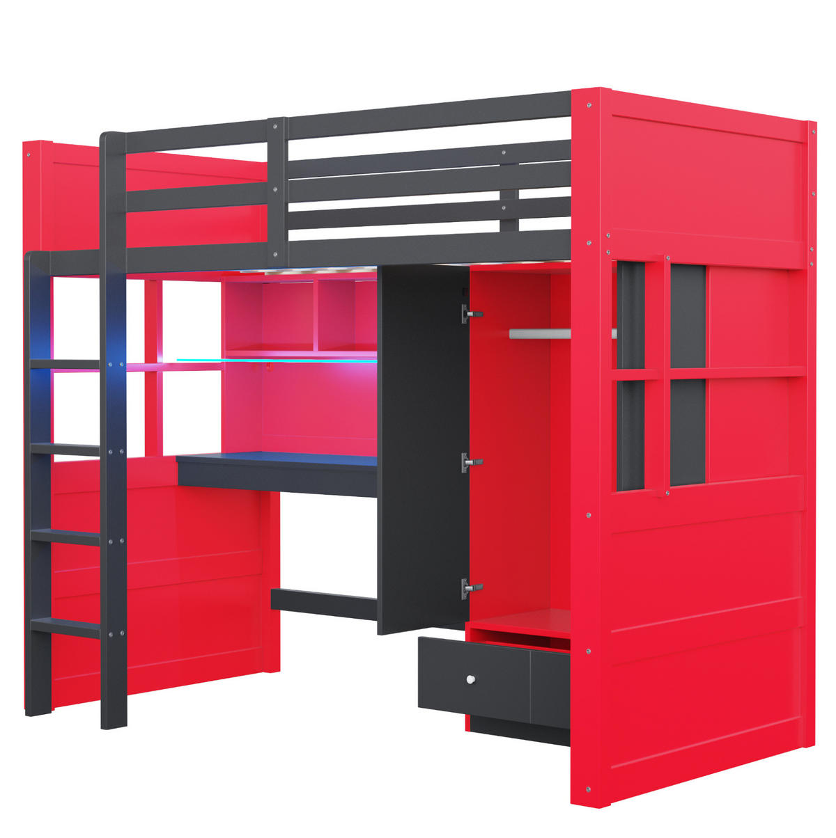 HOCHBETT 90x200 cm in Schwarz-Rot mit Schreibtisch, Kleiderschrank und LED-Beleuchtung - Schwarz, Holz (90/200cm) - IVMEU