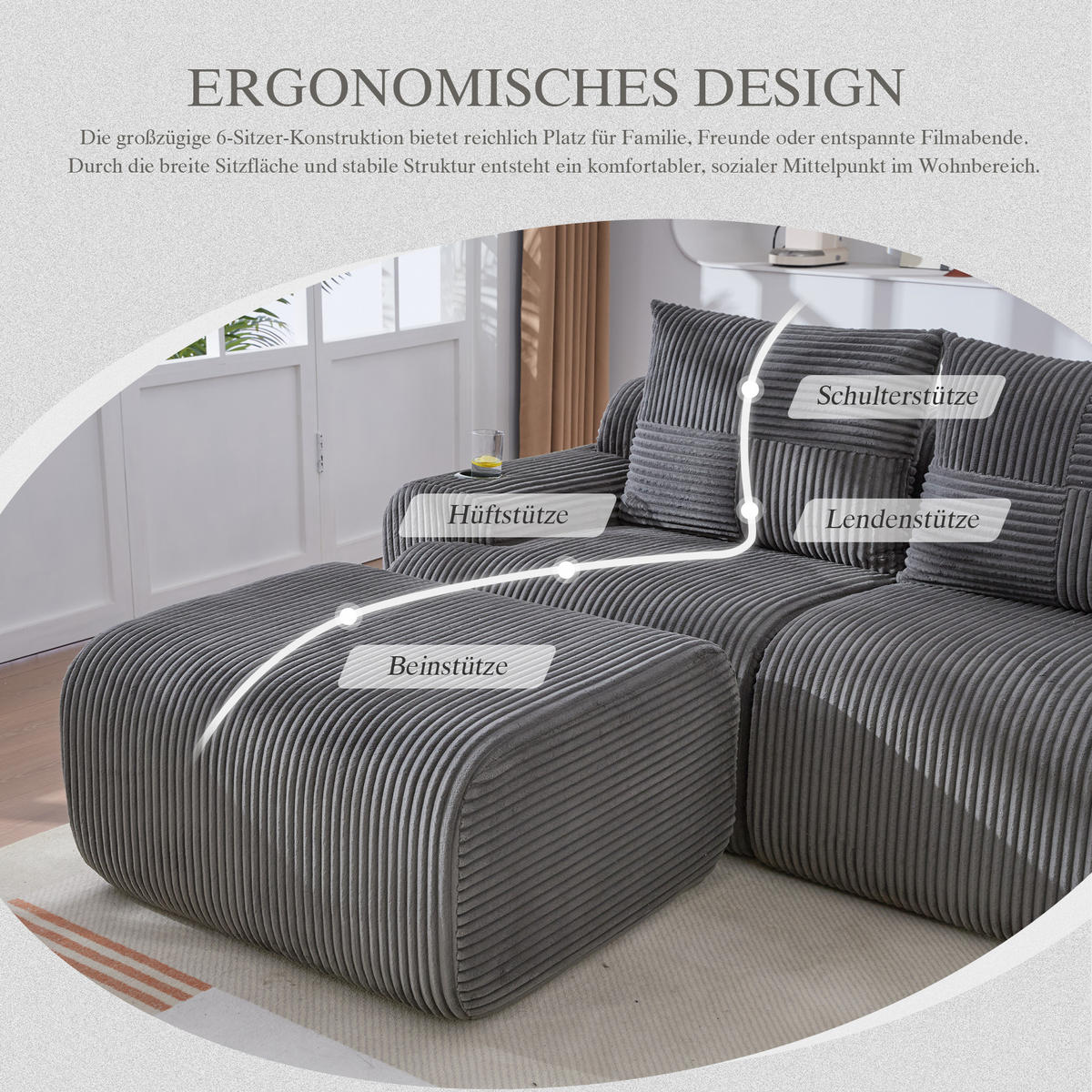 4-SITZER Wohnlandschaft Cord mit Getränkehalter und Seitentasche inklusive 2 Hocker 333/174/80 cm Dunkelgrau - Dunkelgrau, Textil (174/80/333cm) - Redom