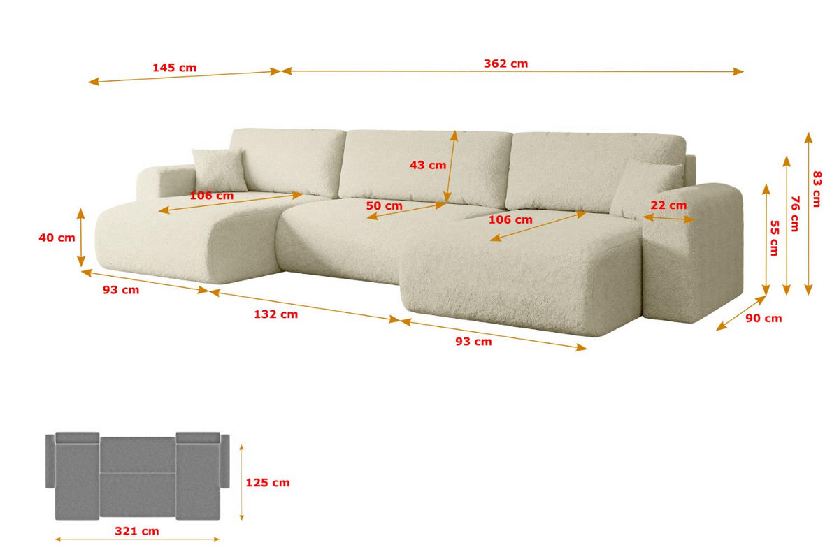 WOHNLANDSCHAFT mit Schlaffunktion und Bettkasten ORRO-U - 362x145x83 cm Beige Bouclé - Beige/Schwarz, Holzwerkstoff/Kunststoff (362/83/145cm) - ALTDECOR
