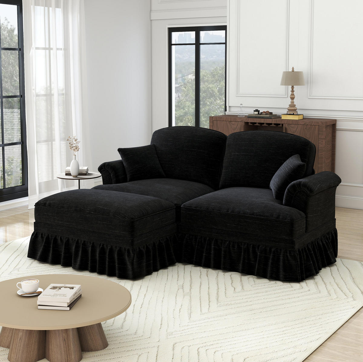 ECKSOFA aus Chenille in Schwarz mit abnehmbarem Rüschenrock - Schwarz, Textil (140/93/194cm) - Modfu