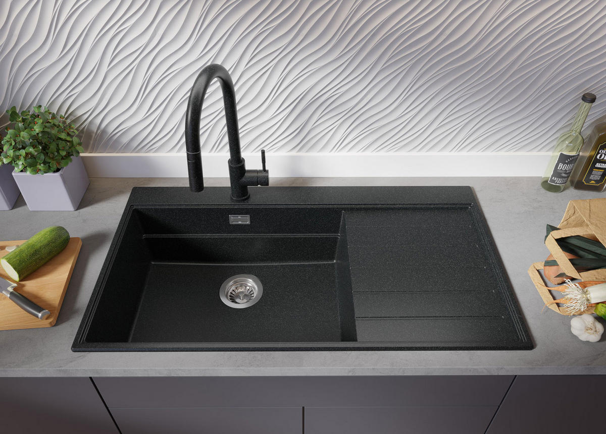 SPÜLBECKEN Sydney, 2-er set Anthrazit 90/50 cm 1 Becken + Ablauf-Set + Küchenzubehörset ab 60er Unterschrank - Chromfarben/Anthrazit, Kunststoff (90/20/50cm) - Primagran