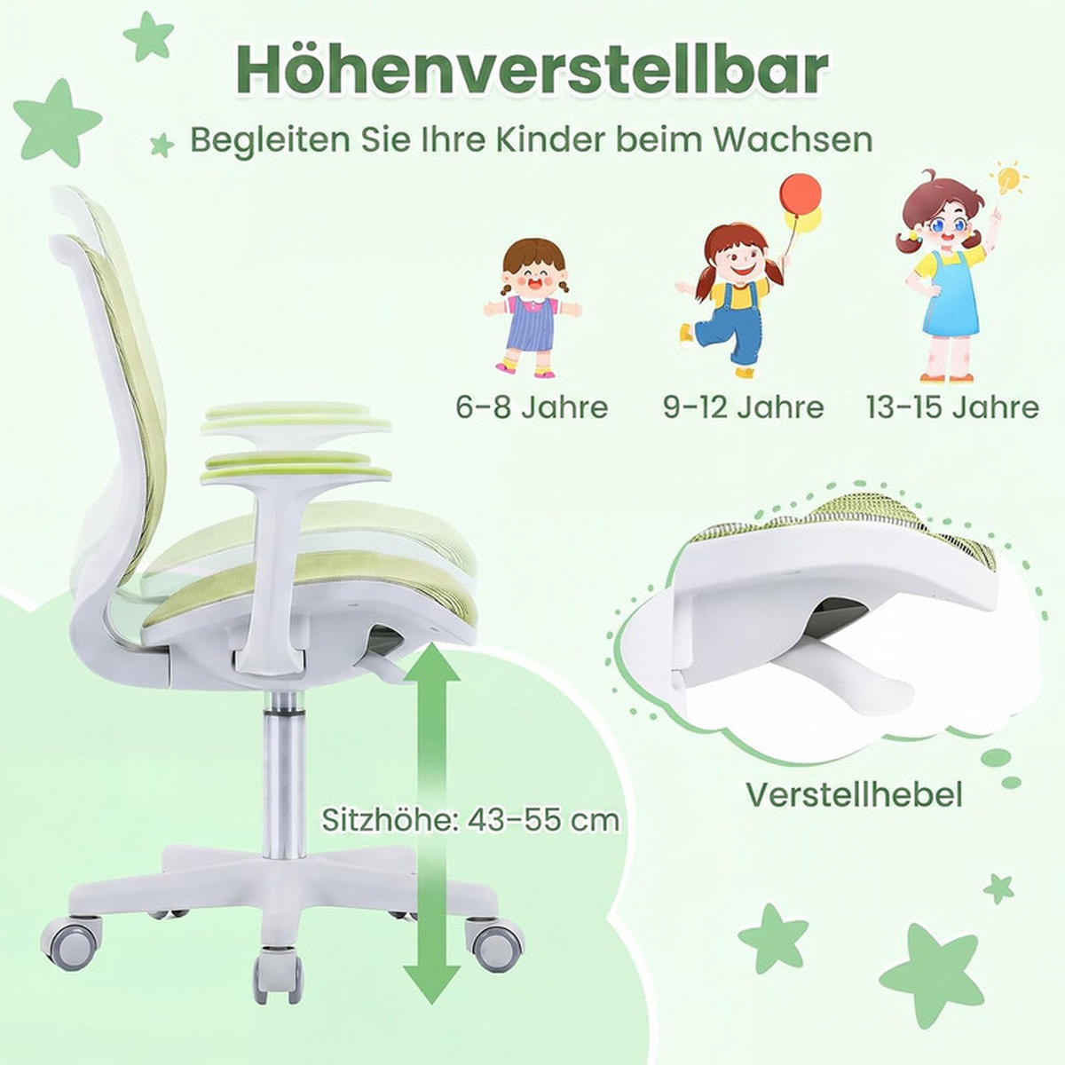 KINDER‑BÜROSTUHL höhenverstellbar grün - Grün, Kunststoff (57/80/57cm) - COSTWAY