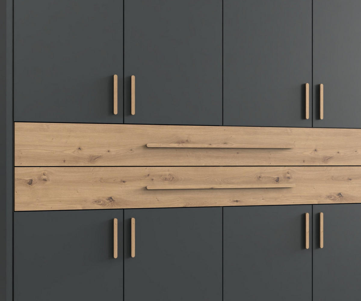 SKŘÍŇ S OTOČNÝMI DVEŘMI B273/H210/T58 cm v barvě grafit, šatní skříň s paspartou, 2 zrcadly, 2 zásuvkami a úchytkami v dekoru dub Artisan / 22652 - grafitová/dub artisan, kompozitní dřevo/plast (273/210/58cm) - luma-home