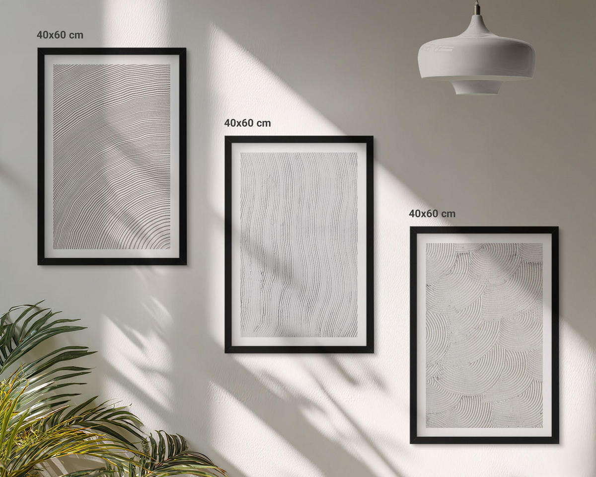 BILDER SET 3er Set - 40x60 cm Schwarzer Rahmen - Sandmuster geometrische Strukturen - Schwarz, Kunststoff (40/60cm) - TULUP
