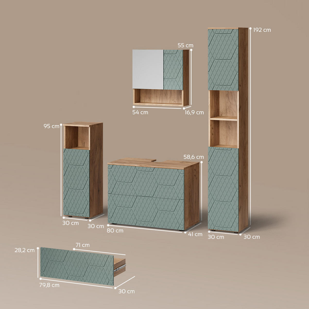BADMÖBEL-SET Ronco Grün/Goldkraft Eiche 4 Teile, mit Schubladenschrank und Hochschrank - Eiche Wotan/Grün, Holzwerkstoff (80/58/41cm) - Livinity®