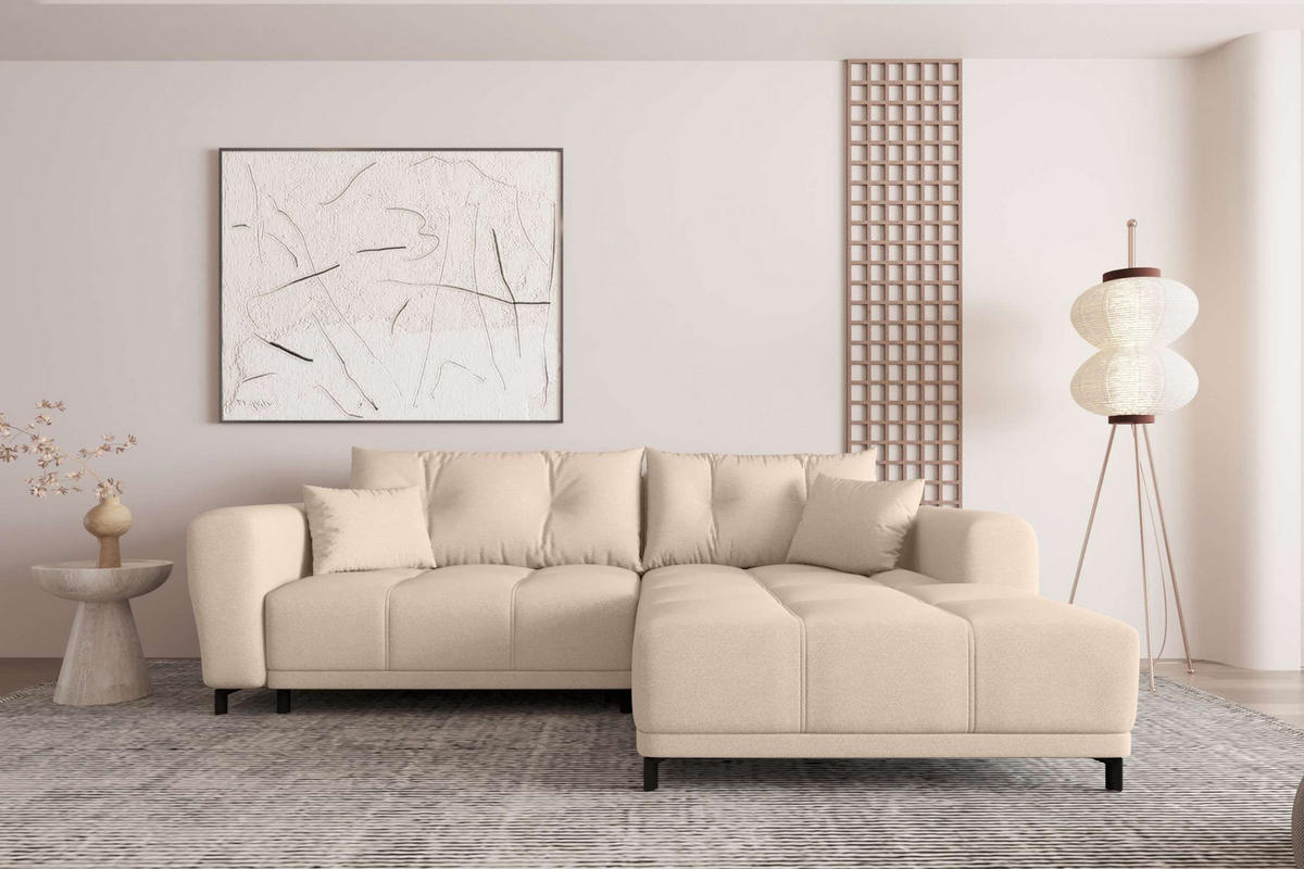 ECKSOFA Massimo Strukturstoff Beige inkl. Schlaffunktion Rechts - Beige/Schwarz, Textil/Metall (246/177cm) - 99rooms