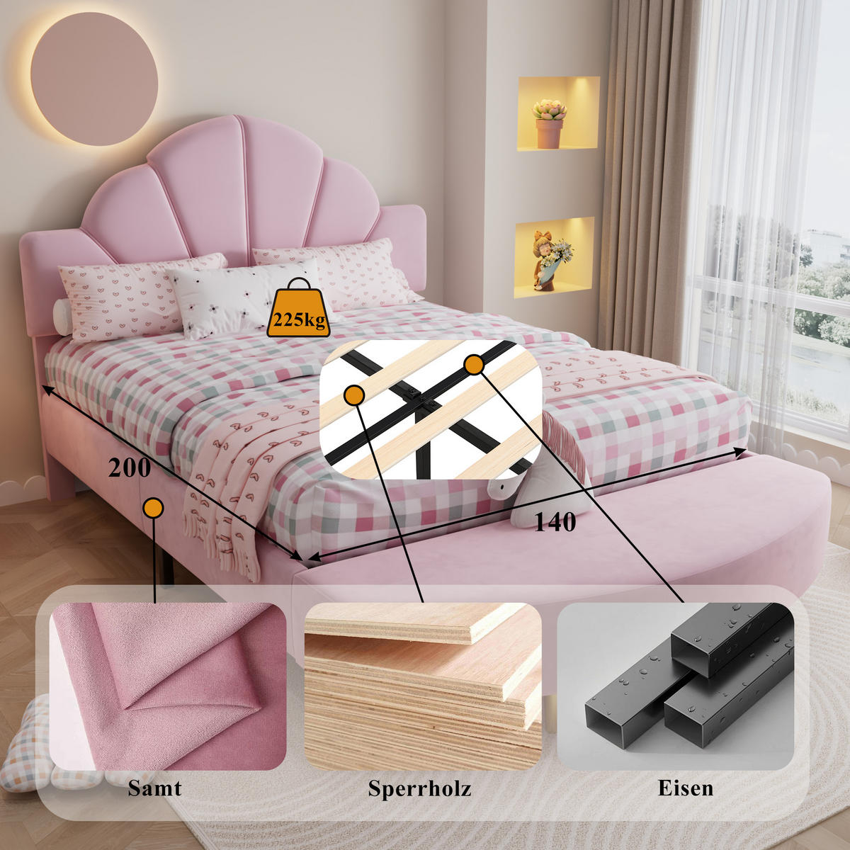 POLSTERBETT 140/200 cm in Rosa Samt mit Bettbank - Rosa, Holzwerkstoff/Textil (140/200cm) - WISHDOR
