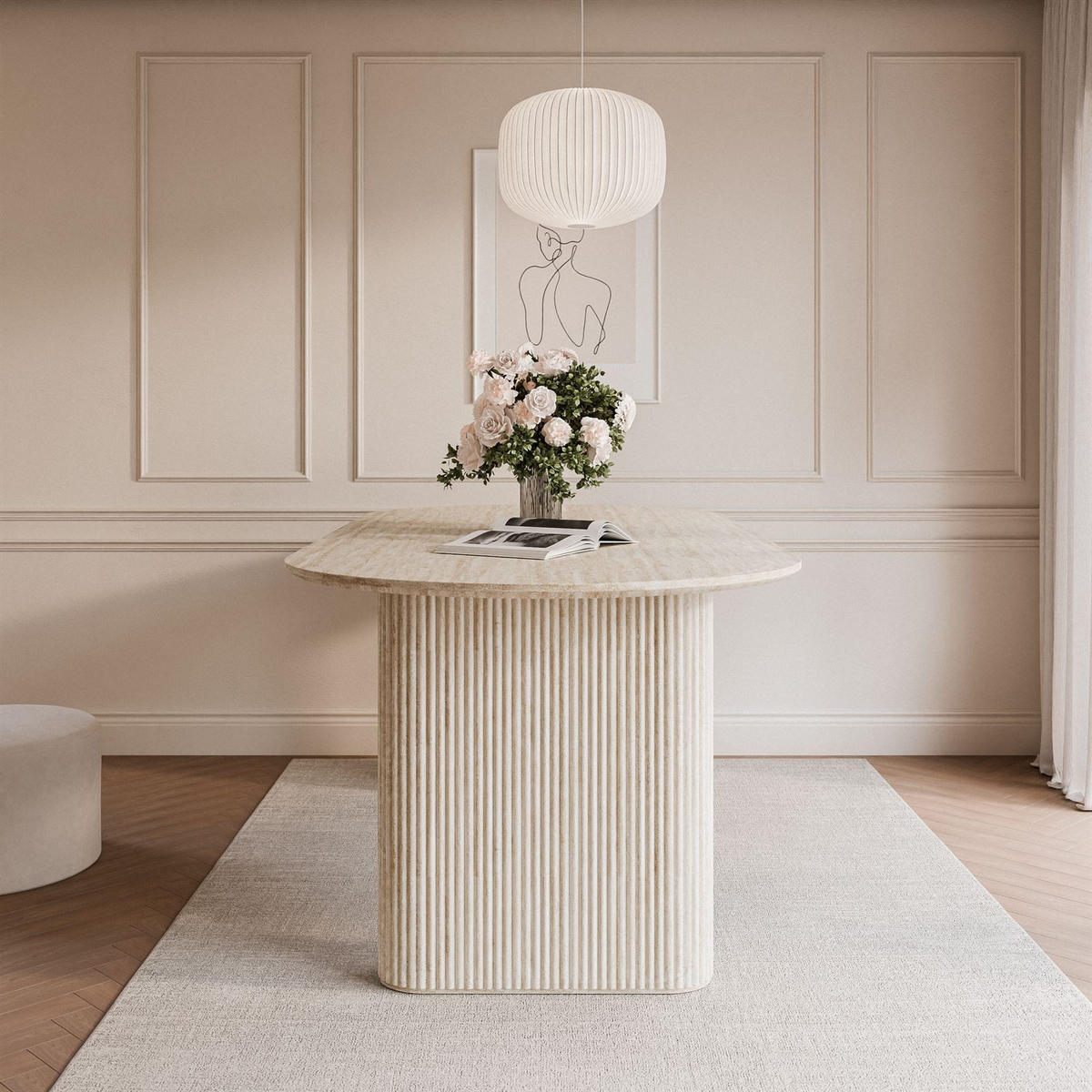 ESSTISCH OVI mit geriffelter Tischbasis Sandstein - Beige, Holzwerkstoff (90/180/75cm) - Lookway