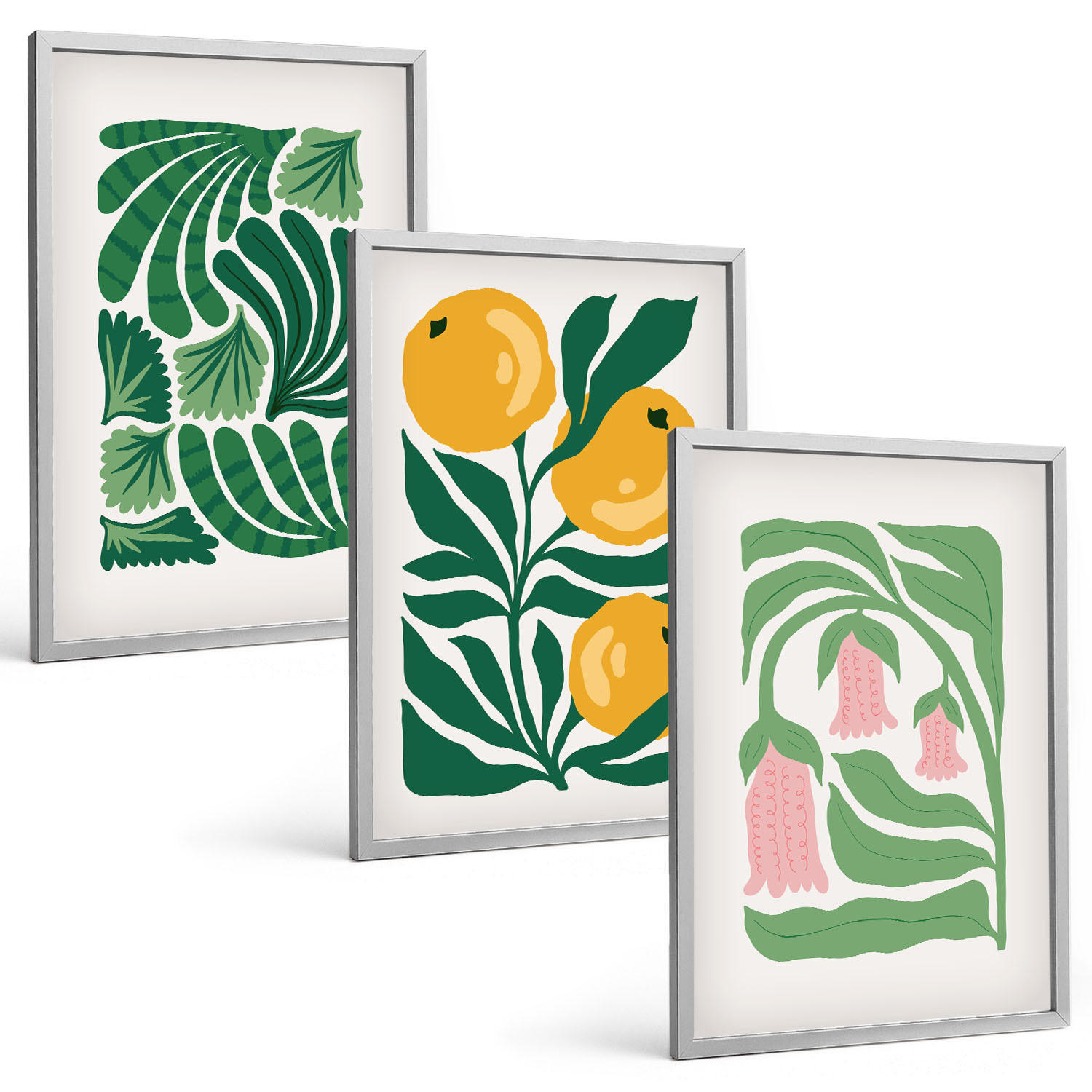 BILDER SET 3er Set - 40x60 cm Silberner Rahmen - Minimalistische Pflanzenmuster - Silberfarben, Kunststoff (40/60cm) - TULUP