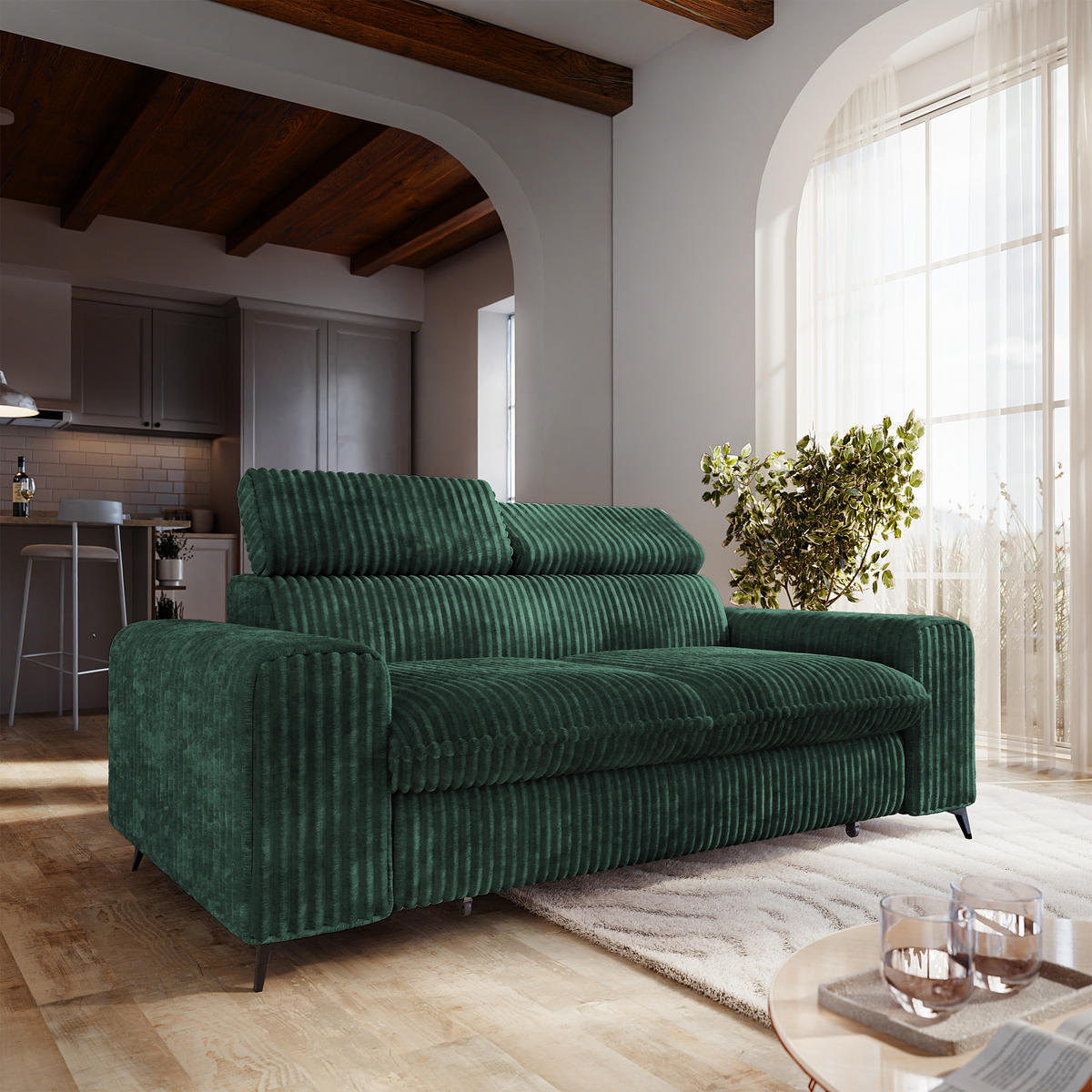 BETTSOFA BENETE Grün Cordstoff mit Schlaffunktion - Grün, Holz/Textil (191/89/92cm) - MASSENO