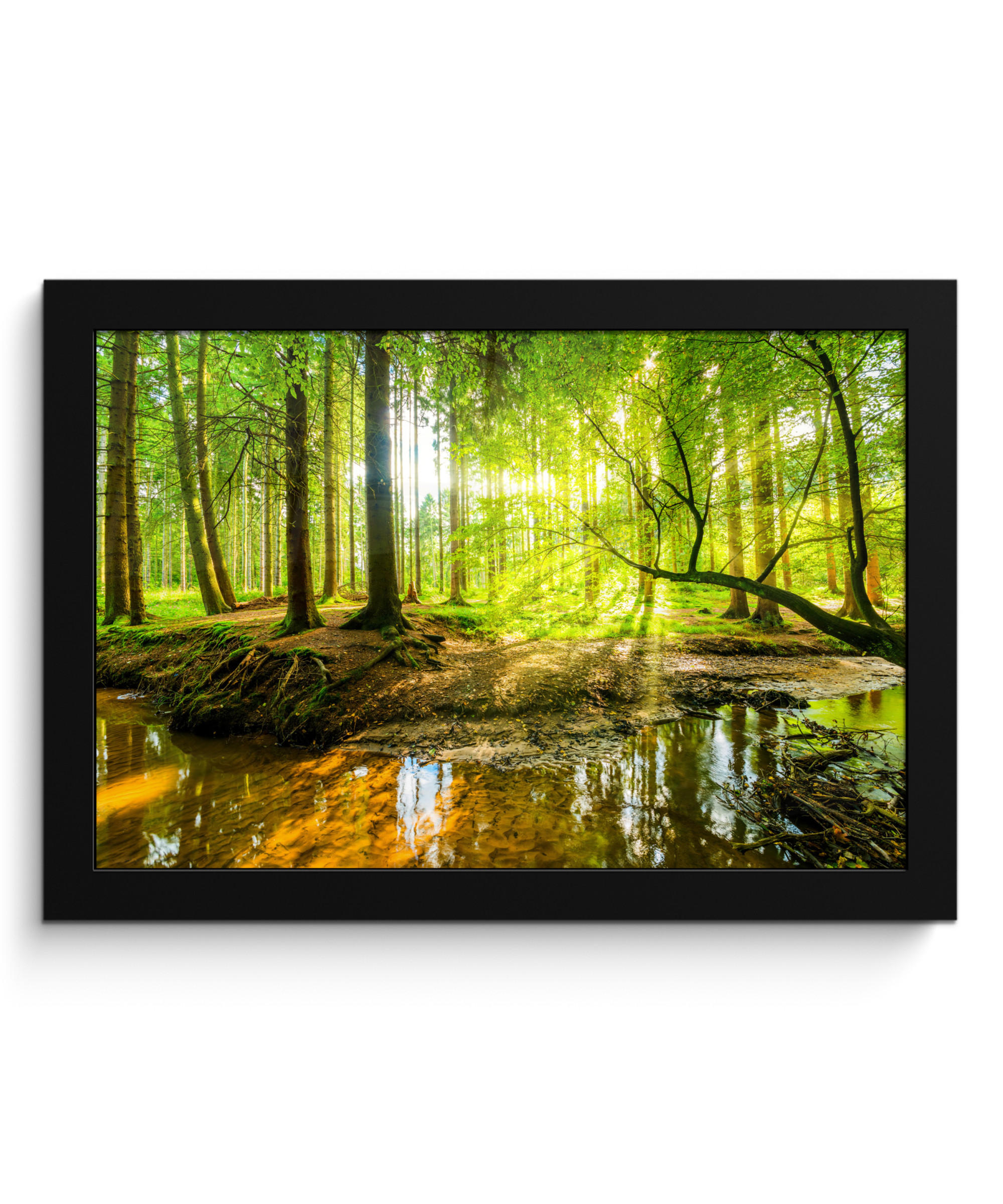 POSTER MIT RAHMENGERAHMTES BILD Wald - Landschaft - Wasser - Bäume - Sonne - Grün - Natur 30x20 cm - Grün, Papier (30/20cm) - MuchoWow
