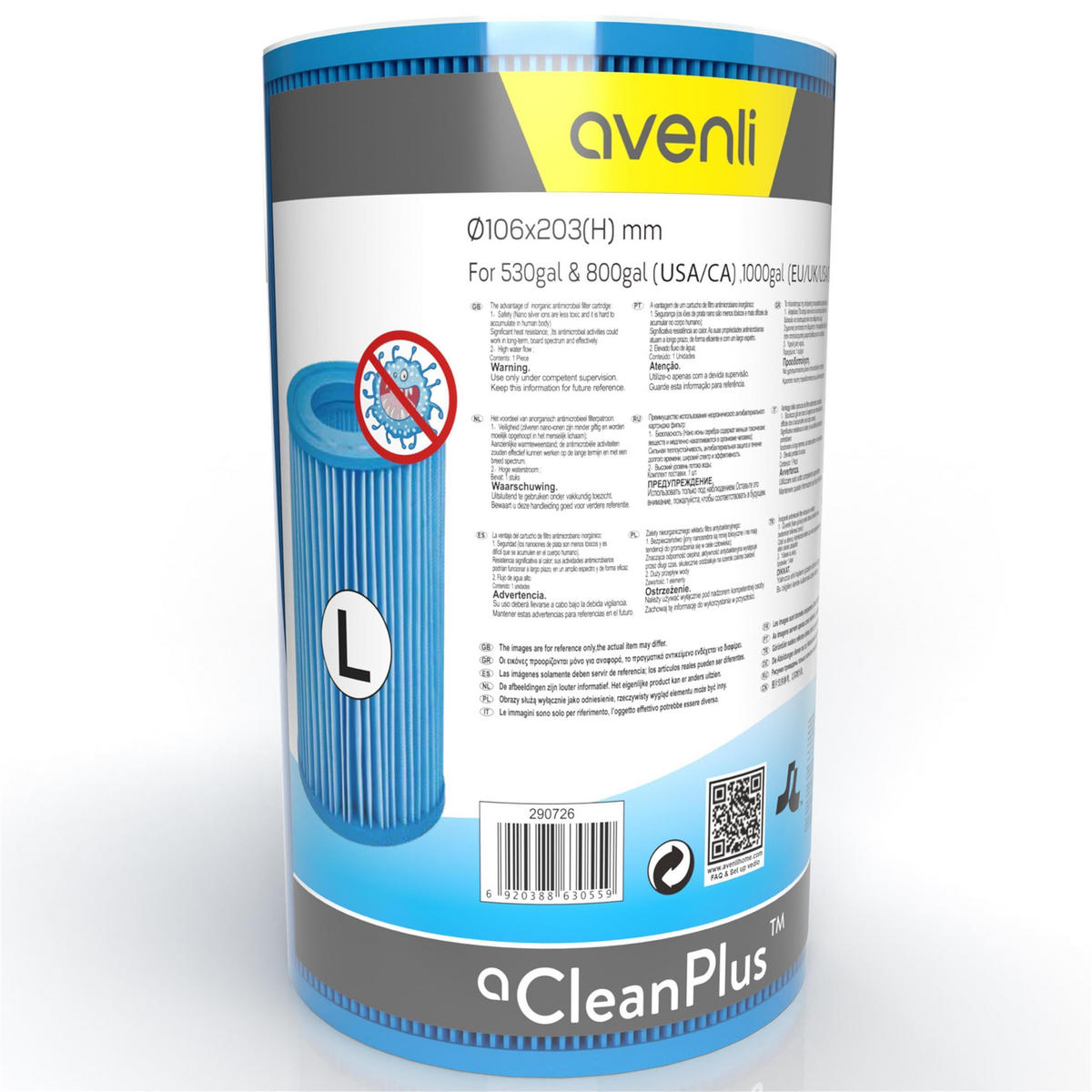 FILTERKARTUSCHE Antibakteriell CleanPlus Größe L 106mm x H203mm - Blau, Kunststoff (10.6/20.3cm) - Avenli