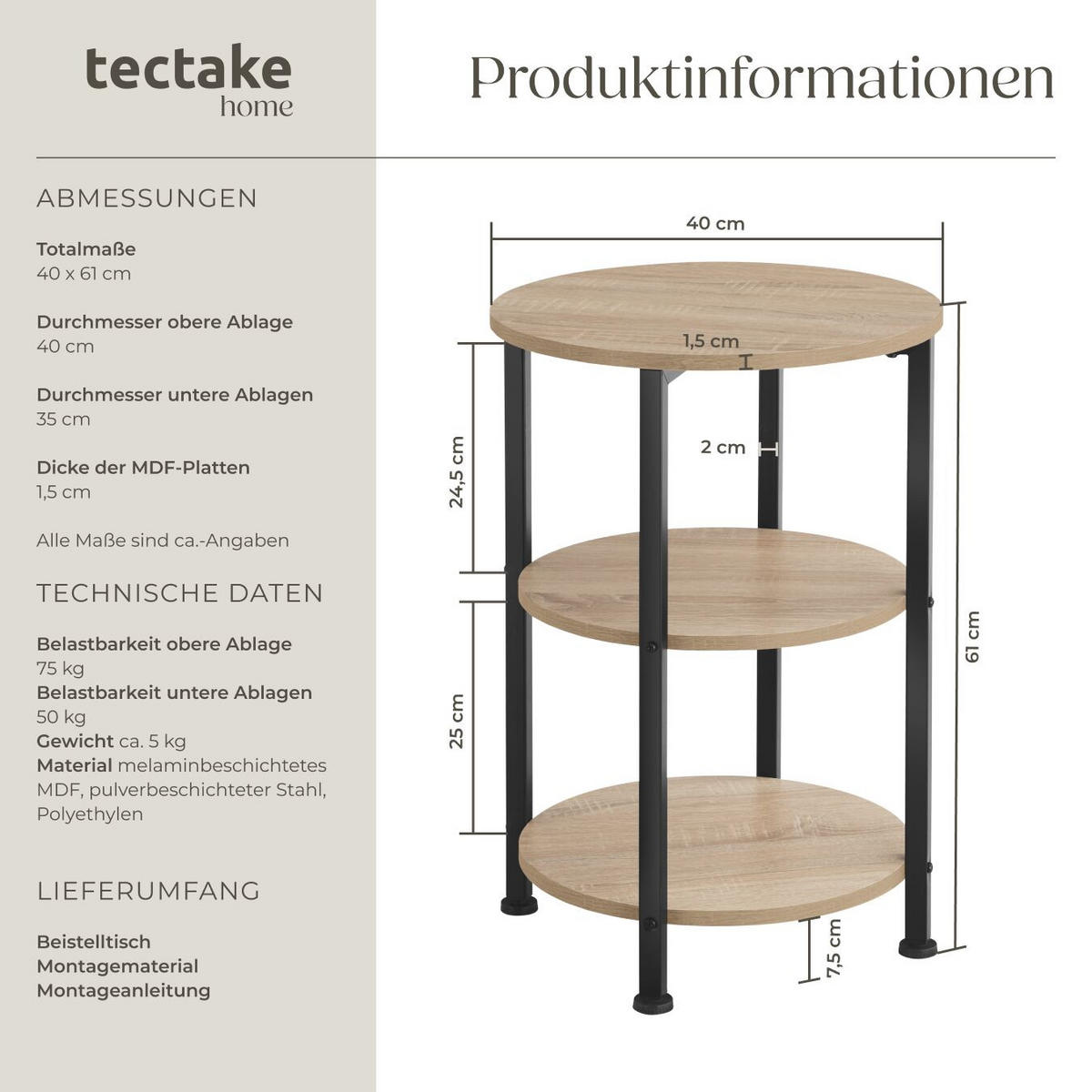 BEISTELLTISCH Colchester,40 x 61 cm,Industrial Holz hell, Eiche Sonoma - Naturfarben, Holz (40/40/61cm) - tectake