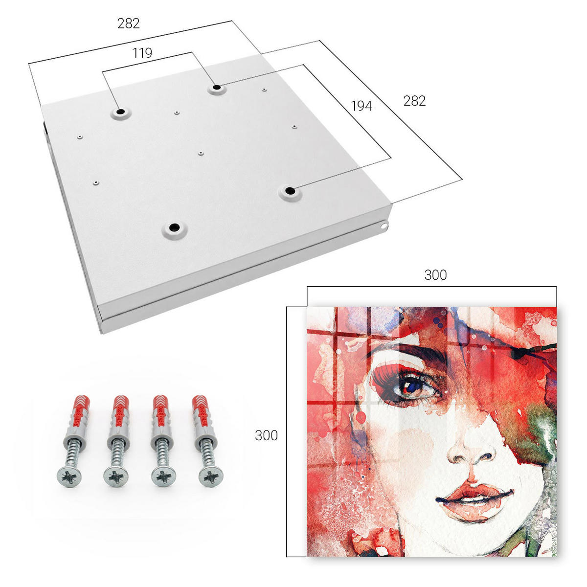 SCHLÜSSELBOX Weiß 30x30 cm – Türöffnung nach rechts - Porträt einer Frau - Rot, Metall (30/30/5cm) - TULUP
