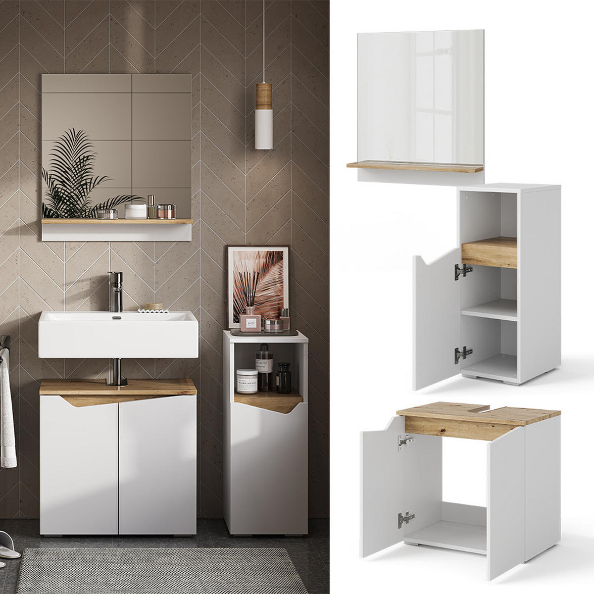 BADMÖBEL-KOMBINATION Marelle Weiß 3 Teile, mit Midischrank - Weiß/Eiche Artisan, Holzwerkstoff (60/57/35cm) - Vicco
