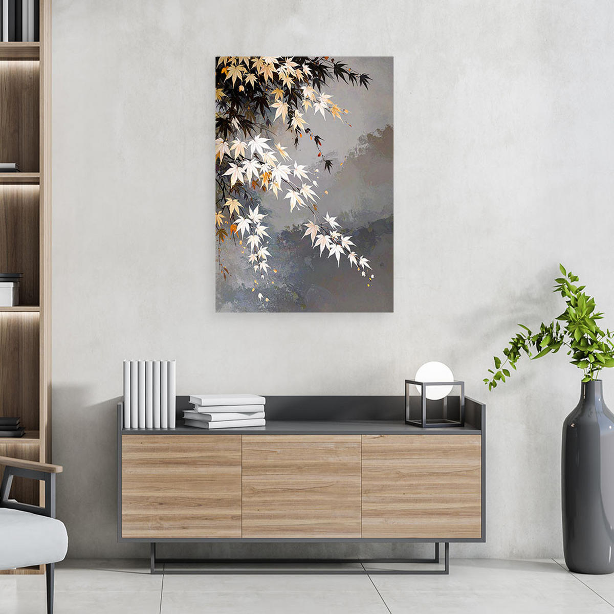 BILD auf Leinwand, Ahornblätter Pflanzen weiß-beige - Grau, Textil (40/60cm) - Feeby