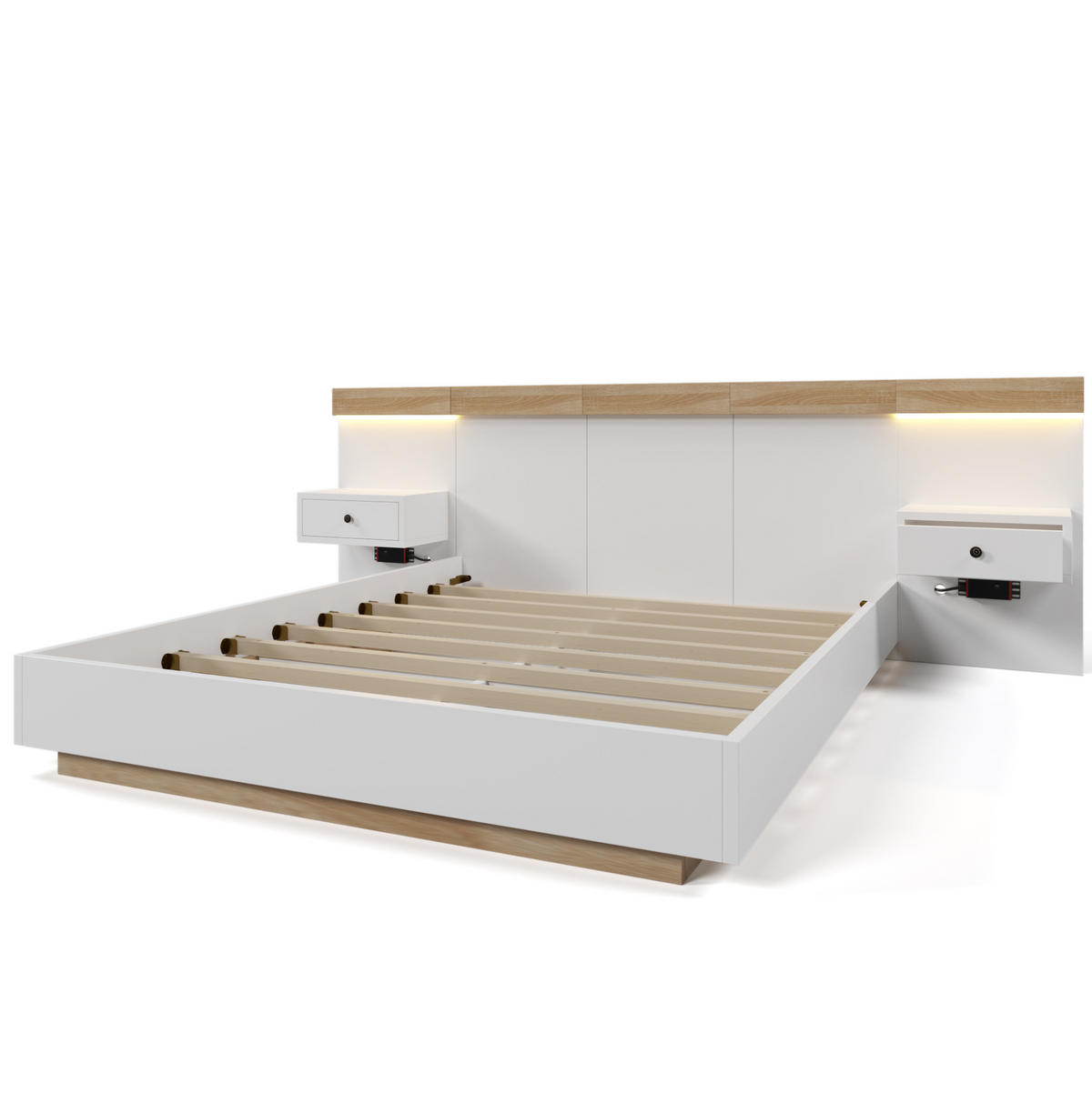 BETT 160/200 cm mit 2 LED-Nachtkommoden, USB/Typ-C und Steckdose, Schwebeoptik, Weiß/Sonoma-Eiche - Weiß, Holzwerkstoff (160/200cm) - Redom