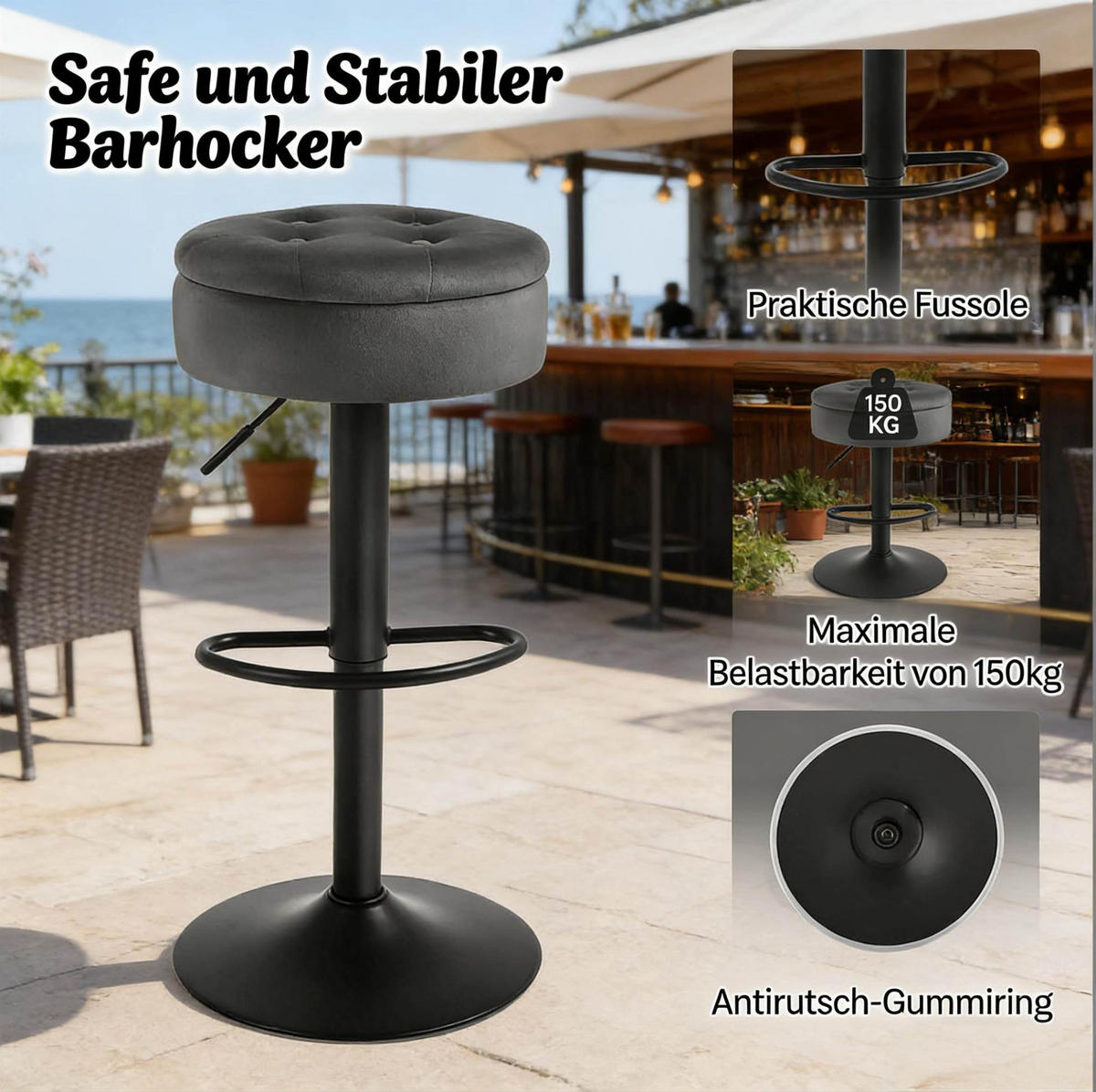 BARHOCKER mit Stauraum, höhenverstellbar, 39 x 39 x 79,5 cm, Dunkelgrau - Dunkelgrau, Metall (39/79.5/39cm) - Meubliv