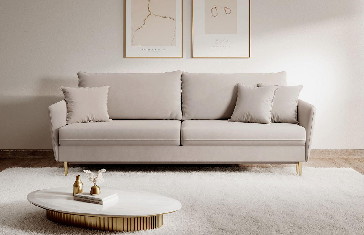 3-SITZER SCHLAFSOFA Volio Samt Graubeige - Taupe/Goldfarben, Textil/Metall (221/90/100cm) - Selsey