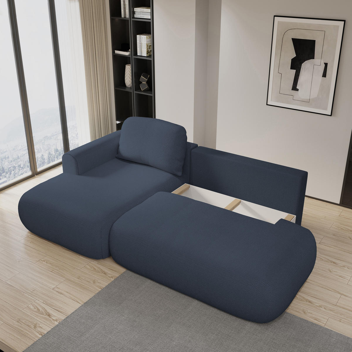 ECKSOFA NUVIRA L-S Blau Geflochtener Stoff mit Schlaffunktion - Blau, Holz (274/165cm) - MASSENO
