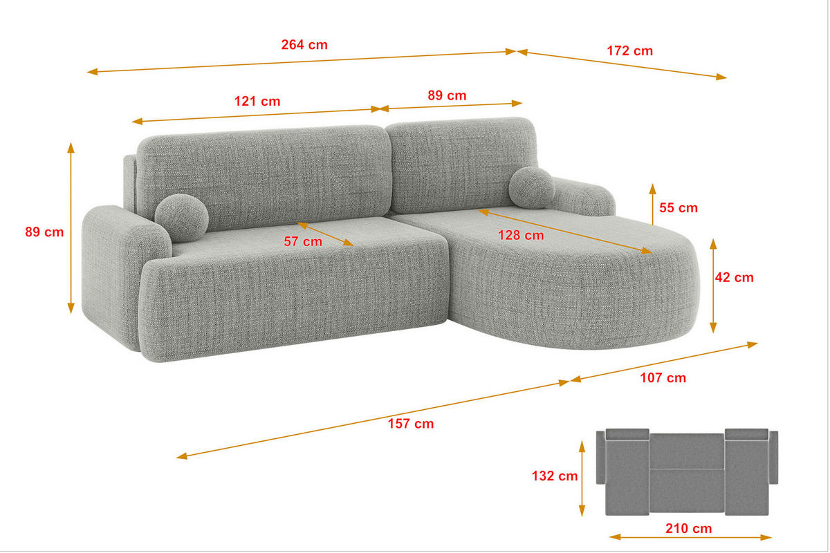 ECKSOFA mit Schlaffunktion und Bettkasten LIRA-L - 264x172x89 Hellgrau - Hellgrau, Holzwerkstoff/Textil (172/264cm) - ALTDECOR
