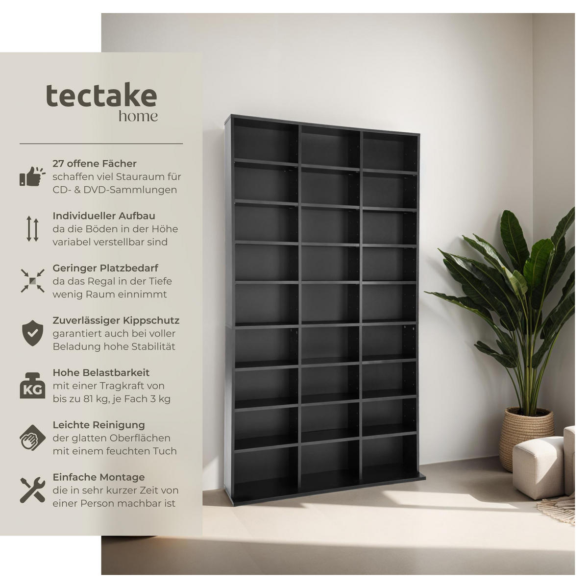 CD/DVD Regal Christel,180 x 102 x 23,5 cm,schwarz - Schwarz, Holz (23.5/180/102cm) - tectake