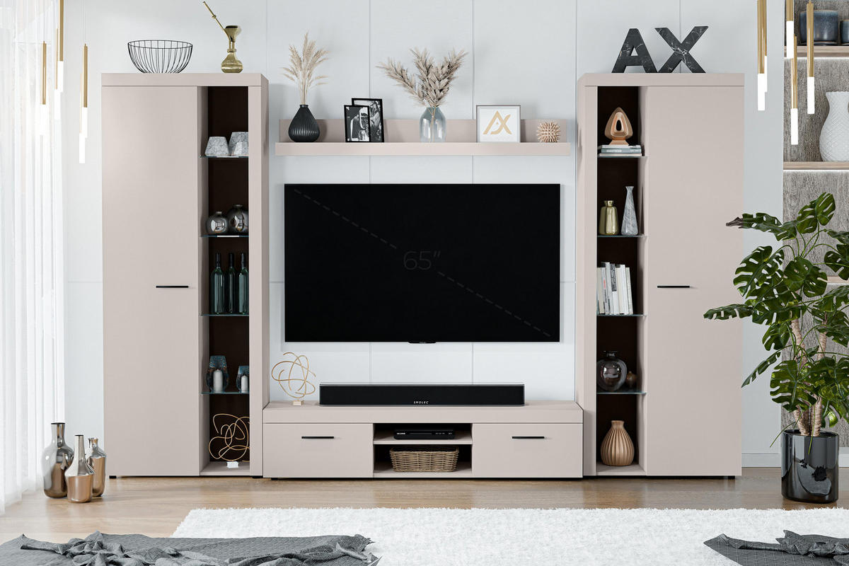 WOHNWAND Spacoro XL Beige 300/190/40 cm Viel Stauraum ohne LED - Beige, Holzwerkstoff/Kunststoff (300/190/40cm) - AX Living