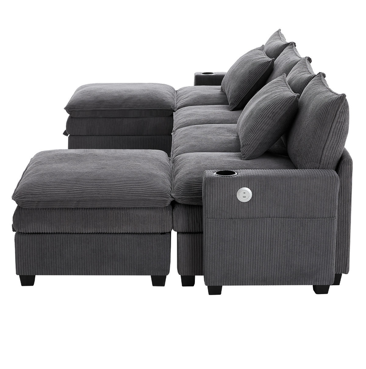 WOHNLANDSCHAFT aus Cord 280x151x82 cm Grau mit USB-Anschlüssen, Stauraum, Getränkehaltern und 2 Fußhockern - Grau, Textil (151/82/280cm) - Modfu