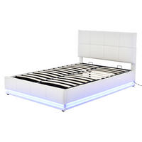 POLSTERBETT 140/200 cm mit LED-Beleuchtung, hydraulischem Bettkasten und Lattenrost, Kunstleder, Weiß - Weiß, Textil (140/200cm) - Redom