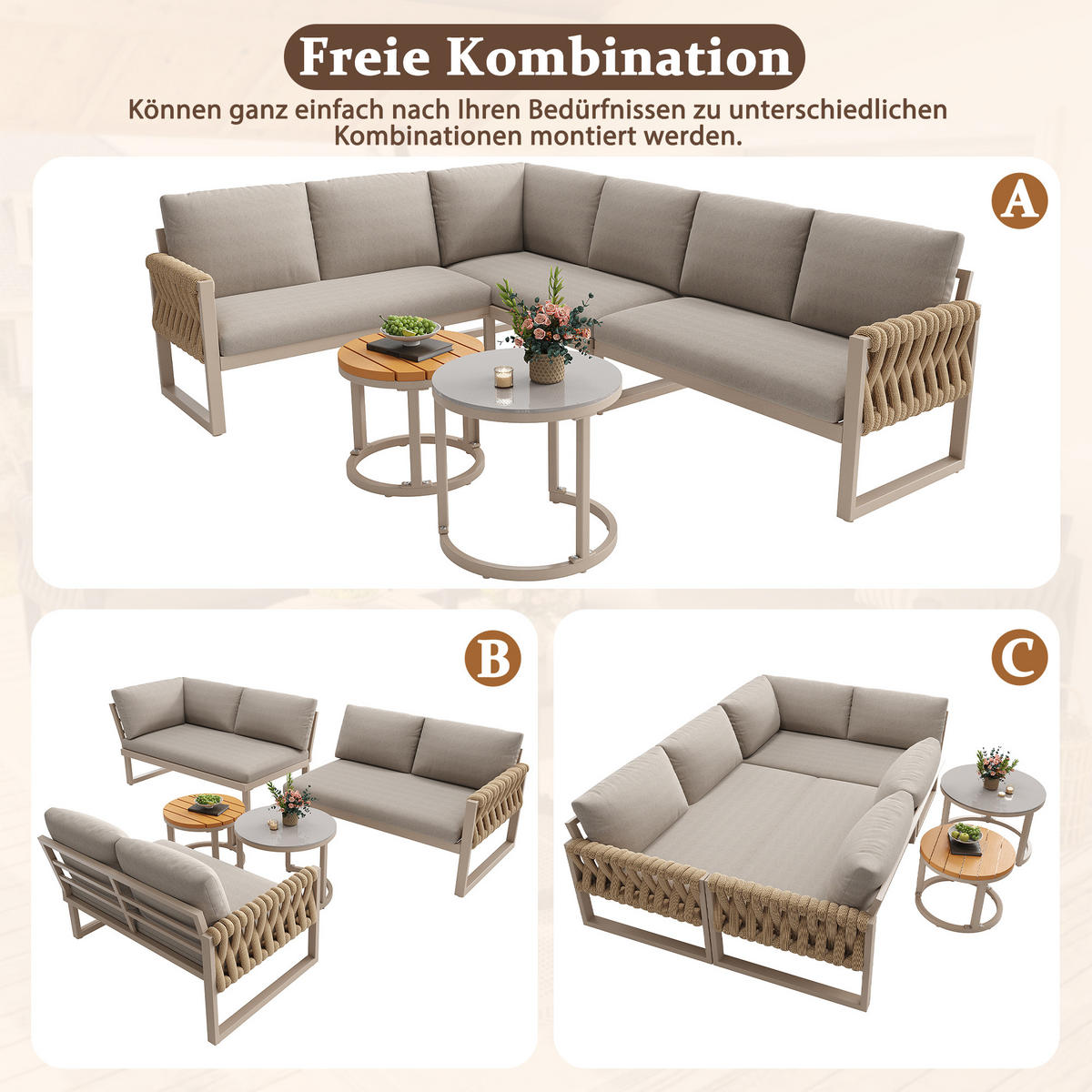 LOUNGESET Modular 5-6 Personen Beige Mit Verstellbaren Füßen - Beige, Metall - FLIEKS