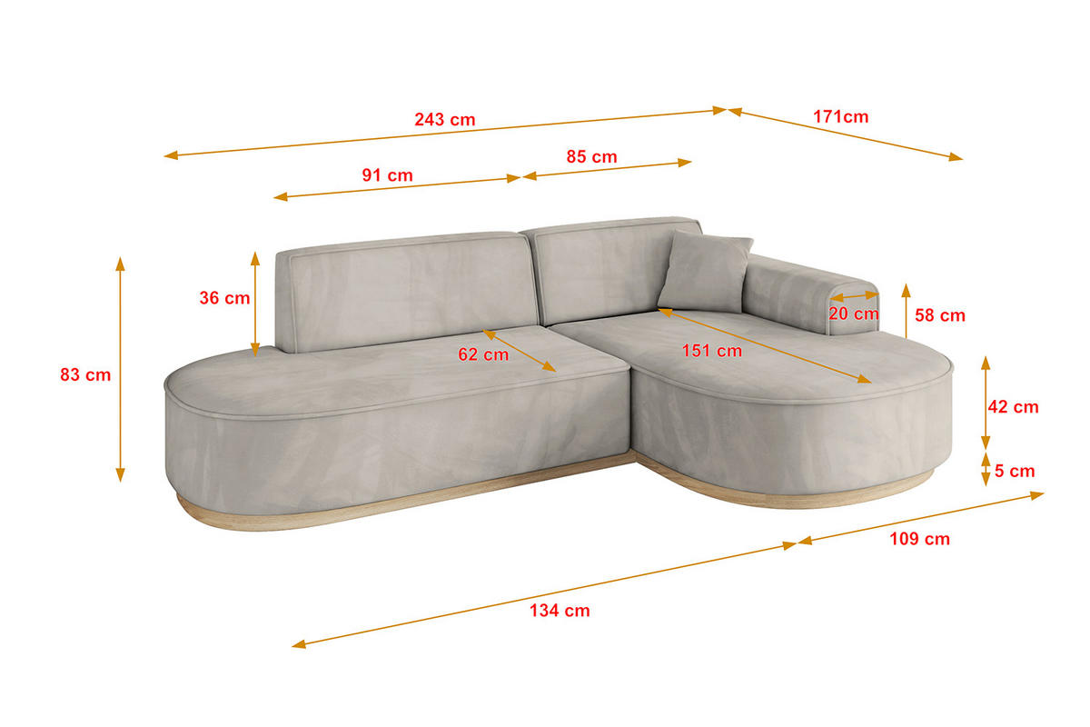 ECKSOFA Ottomane Rechts MARI-L1-v1 - 243x171x83 cm Hellbraun Velours - Hellbraun, Holzwerkstoff/Textil (171/243cm) - ALTDECOR