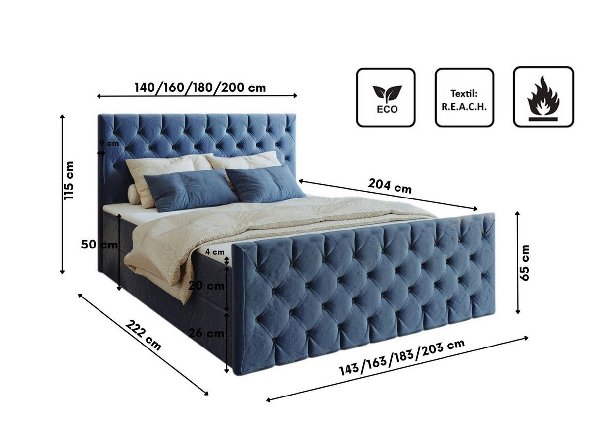 KONTINENTALBETT Mars Mit Bettkasten Stoff Riviera Blau 200x200 cm - Blau, Holz (200/200cm) - Kaiser Möbel
